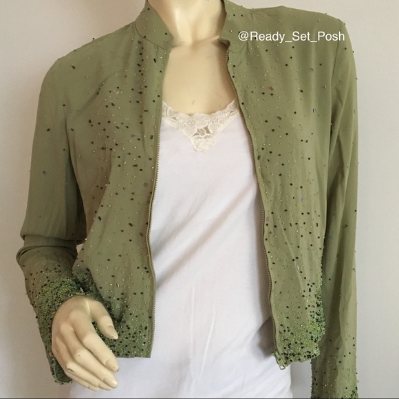 Green silk beaded bomber style zip up jacket - Picture 1 of 7
